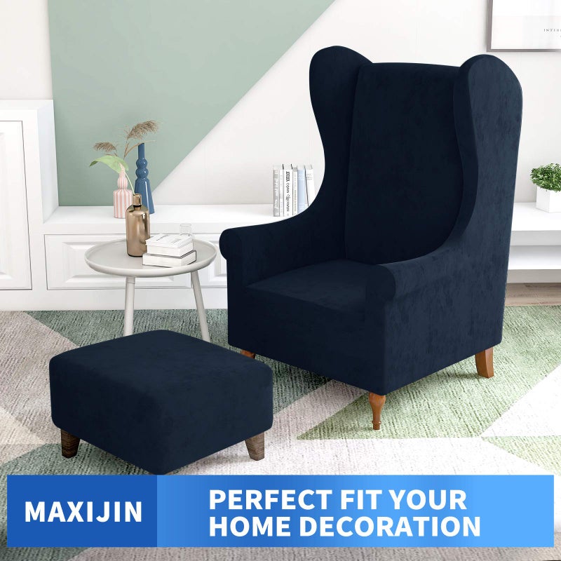 MAXIJIN Stretch Velvet Wingback Chair Slipcover 1-Piece Soft Stylish Plush Slipcovers for Wingback Chairs Thick Rich Velvet Wing Chair Cover with Elastic Bottom (Wing Chair, Navy Blue) - Image 2